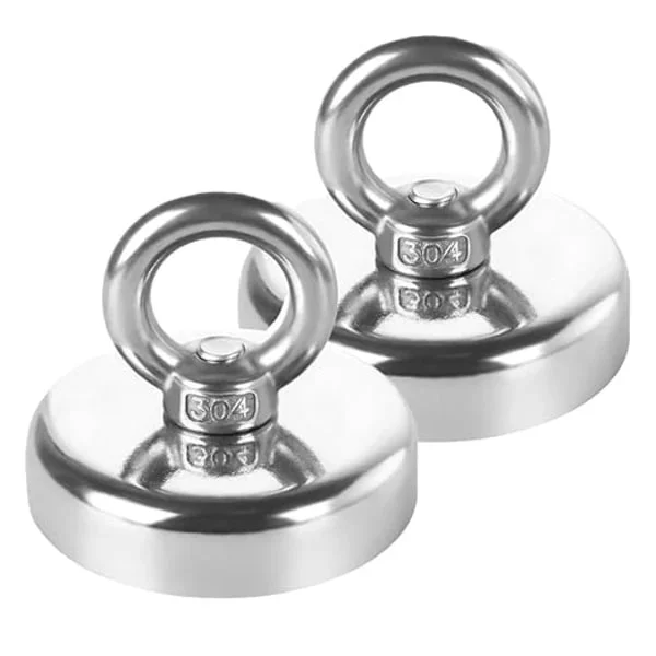 Set med 2 runda neodymfiskemagneter (tillbehör) – total dragkraft: 0–19 kg – ultrastarka neodymmagneter med öglor