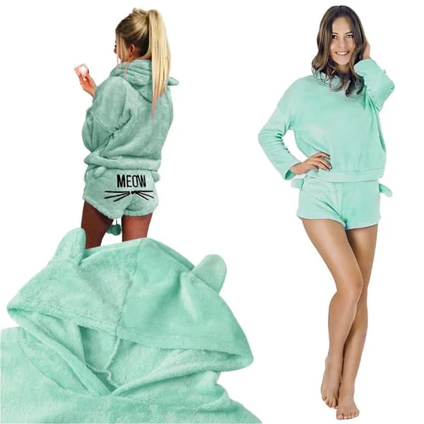 Pyjamasett dame 2-delt bomull blå langermet genser + shorts str L