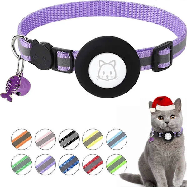 Justerbara Airtag Halsband för Katt GPS Reflexhalsband med Airtag Hållare Säkerhetsspänne och Bjällra & Fiskbenshänge