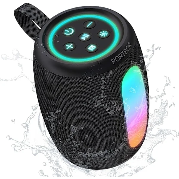 Bärbar Bluetooth-högtalare, kraftfullt stereoljud, liten trådlös högtalare med ljus, IPX5 vattentät, BT5.3 med AUX-ingång, TWS Pai