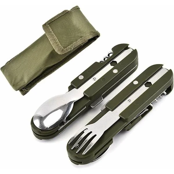 5 i 1 Rostfritt Stål Camping Bestick, Utomhus Camping Verktyg, Utomhus Bestick, Multifunktionell Fällbar Bestick Resebestick (2 st)