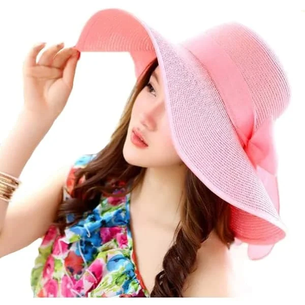 Women's Sun Protection Wide Brim Straw Hat Foldable Floppy Hat Summer UV Protection Beach Hat C1 f Pink C1 f Pink C1 f Pink