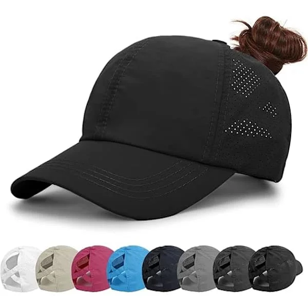 Women's Baseball Cap, Ponytail Sun Hat, Ladies Golf Caps, Criss Cross Adjustable Hats Black