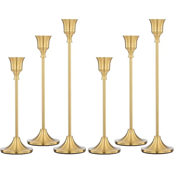 Sett med 6 koniske lysestaker i gullmessing, vintage, moderne, dekorative, for hjem, bryllup, bord, peis, fest, bursdag