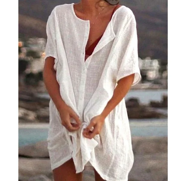 Dame Oversize Bomulds T-shirt Strandkjole, Bikini Cover Up Med Rund Halsudskæring, Knaplukning