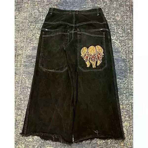【NX】Retro gotiske jeans med høyt liv, kompatible med menn og kvinner Y2k Baggy Svarte Harajuku Hip Hop Mønstrede Broderte Blå Denim Bukser Vide Jeans 
