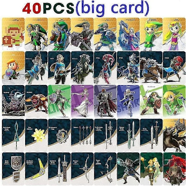 Treingi 2025 UUDET 40 Zelda Amiibo -korttia käytettynä The Legend of Zelda: Tears of the Kingdom -peliin ja The Legend of Zelda Iso kortti 40 kpl
