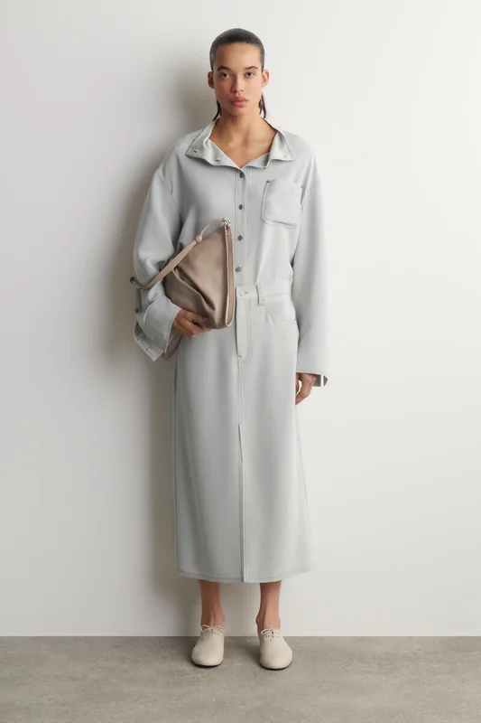 COS Women's Denim-Effect Silk Funnel-Neck Shirt in Grey