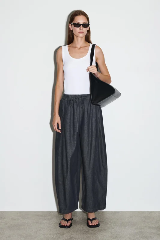 COS Women's Barrel Leg Denim Drawstring Trousers in Blue