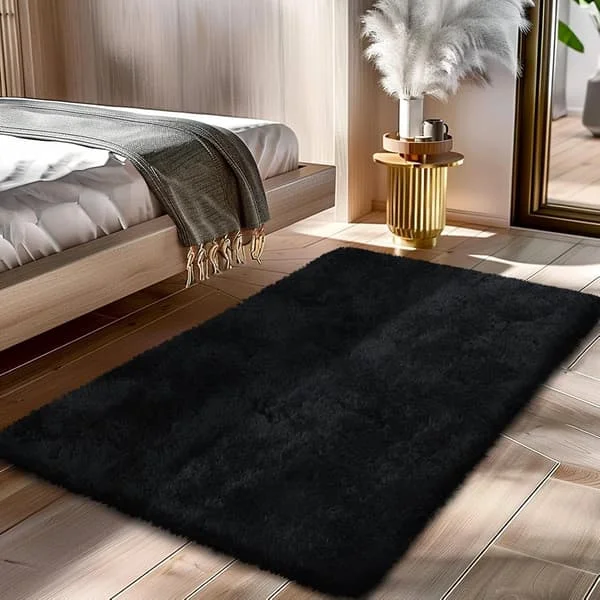 Pörröinen nukkamatto, musta 60x120 cm makuuhuoneeseen, pieni sängynvierusmatto, pehmeä pörröinen nukkamatto eteiseen, olohuoneeseen, makuuhuoneeseen 