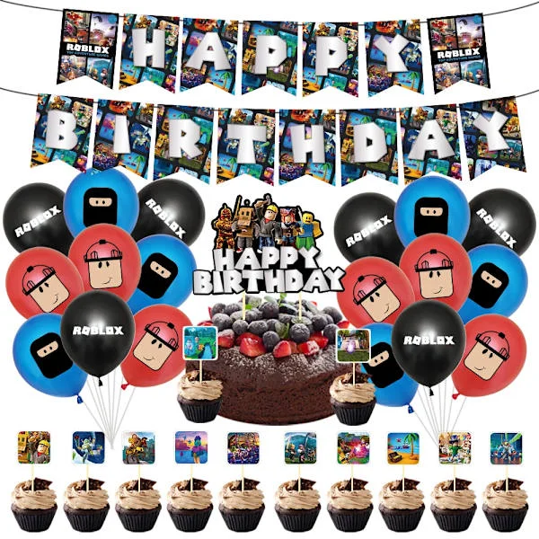 Roblox Pixel Party Servis Dekorationsset Papptallrikar Muggar Partyartiklar Barnfödelsedagsbanderoll Ballonger 12 muffinsformar 12 muffinsformar
