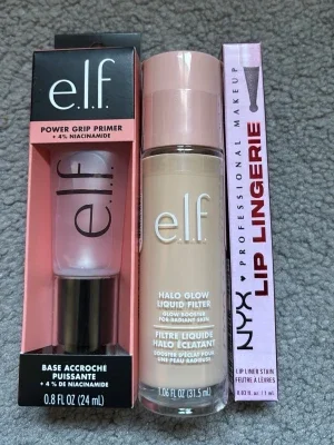 Elf power grip primer & Elf halo glow liquid filter & nyx lip lingerie lip liner stain