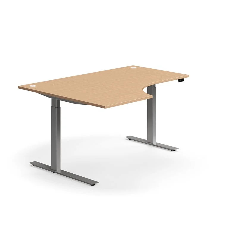 Hörnskrivbord FLEXUS, höj- och sänkbart, 1600x1200 mm, silver/bok
