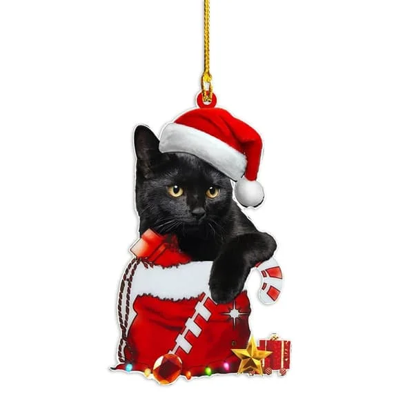 Sort kat Halloween-pynt, sød kat jul, juletræspynt, juletræshængende, top-pynt (kat rød hat, 1)
