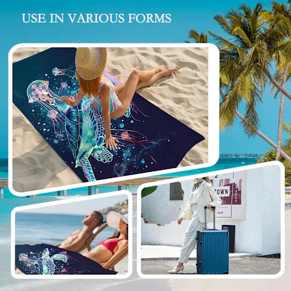 XXL Beach Towel with Bag 90x180 Microfiber Bath Towel Sea Turtles Jellyfish Quick Dry, Absorbent Blanket