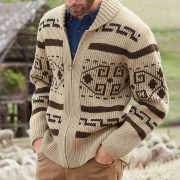 Herre Khaki Glidelås Cardigan, Jacquard Strikket Genser, Varme Høst/Vinterklær XXXXL