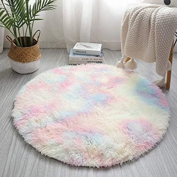 Round Fluffy Rainbow Rugs for Girls Room, Shaggy Circle Carpet for Kids Girls Bedroom Nursery Home Decor (120cm*120cm)