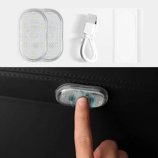 2 stk. LED-lys til bilens interiør, LED-lys til bilens interiør med 6 lyse LED-pæreperler, bærbar, USB-genopladelig belysning (varmt hvidt lys)