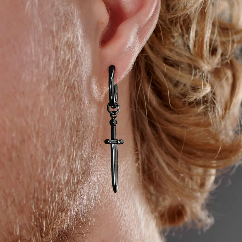 Black Titanium Drop Hoop Earring With Sword Charm for Men - Charm Hoop Earrings