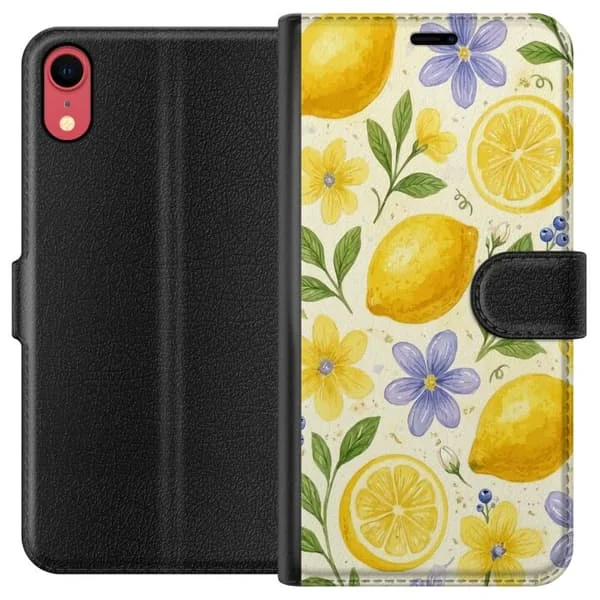 Kompatibel Tegnebogsetui til Apple iPhone XR Farverigt mønster med citroner, blomster og grønne blade i en sommerlig stil.