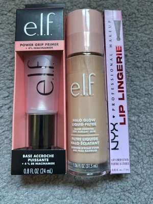 Elf power grip primer & Elf halo glow liquid filter & nyx lip lingerie lip liner stain