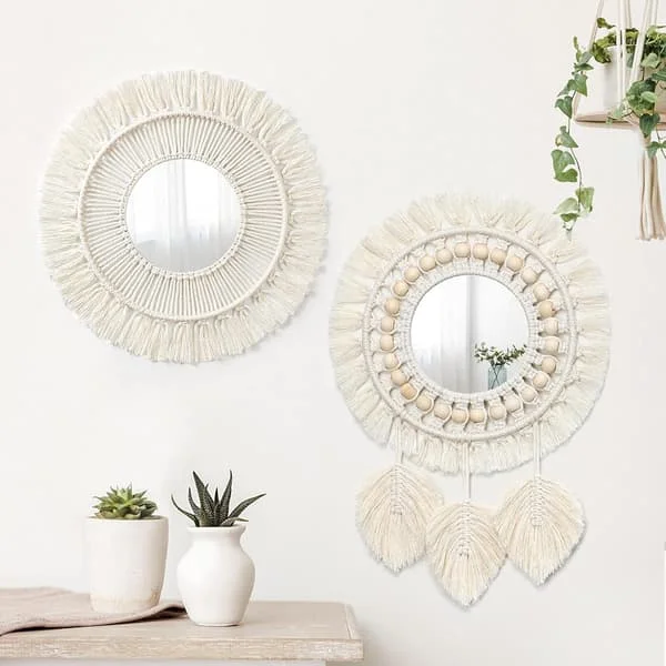 2 Pieces Macrame Wall Hanging Decorative Mirror with Woven Leaves Boho Fringe Round Mirror for Bedroom Living Room Nursery Home Decor (Style-08)