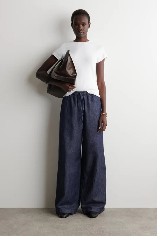 COS Women's Denim Wide-Leg Drawstring Trousers in Indigo