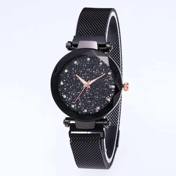 Stjärnhimmel Dam Magnetisk Klocka, Mesharmband, Mode Armbandsur (Svart) - 1 styck