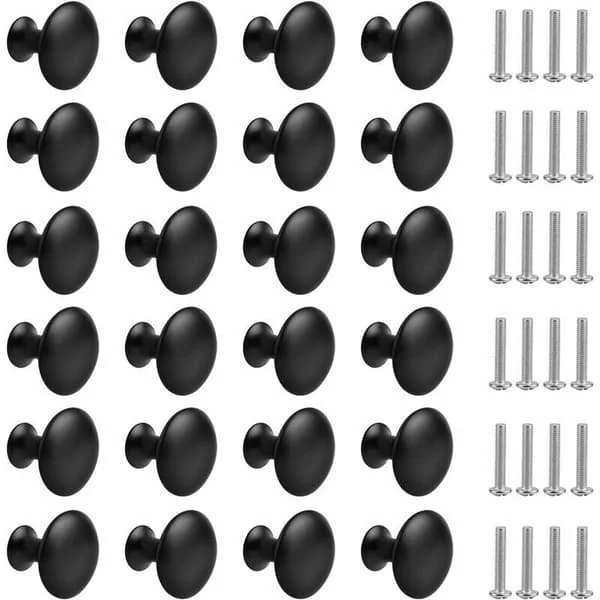 24 Pieces Matte Black Drawer Knobs, Round Cabinet Knobs Furniture Knobs with Screws for Kitchen Cabinets Nightstands (30mm)
