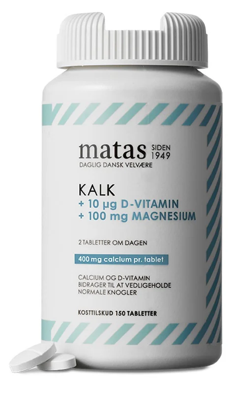 Spar 25% • Køb 2, Matas Striber Kalk 400 mg + Magnesium 100 mg + D-vitamin 10 μg 150 tabl., Helse & Madvarer, Mineraler, Kalk