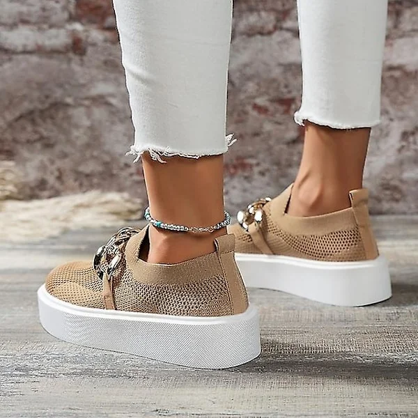 Dame sneakers, daglig kilhæl, rund tå, minimalisme, mesh loafer, ensfarvet sort hvid khaki Khaki