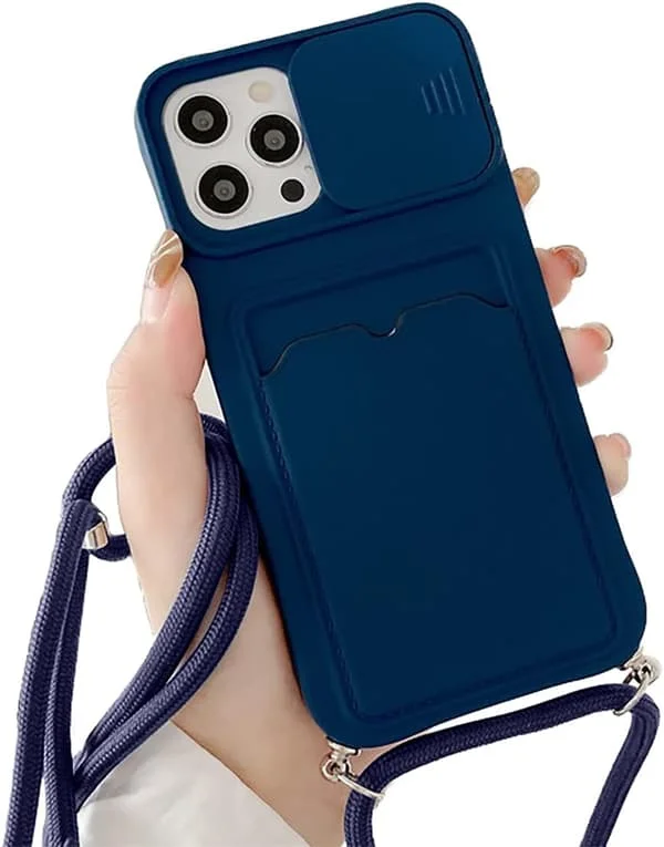 Navy Blue iPhone 11 Pro Max Case with Lanyard, Protective Camera Slide Case for iPhone 11 Pro Max Silicone TPU Bumper Case with Card Slot H