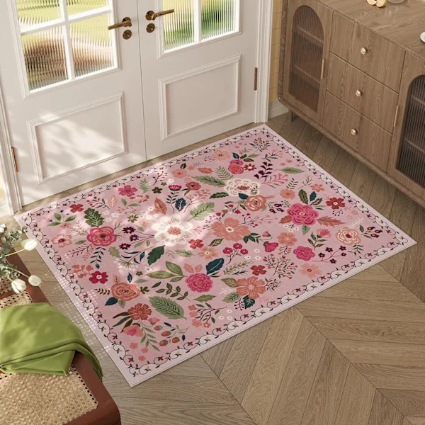 Inomhus entrématta 2x4 matta maskintvättbar boho blommig liten matta halkfri låg luggmatta för entré, kök, (beige)-FX- -3