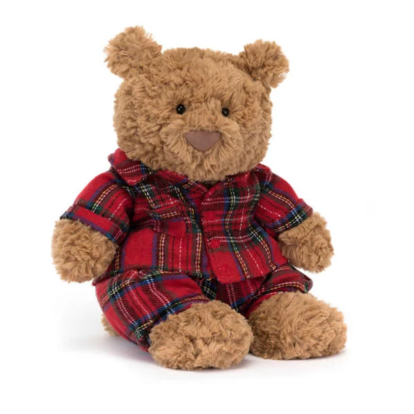 Jellycat Bartholomew Teddybjörn Plysch | 28 cm | Röd Rutig Pyjamas Björntema | Barngåva Röd rutig pyjamasbjörn