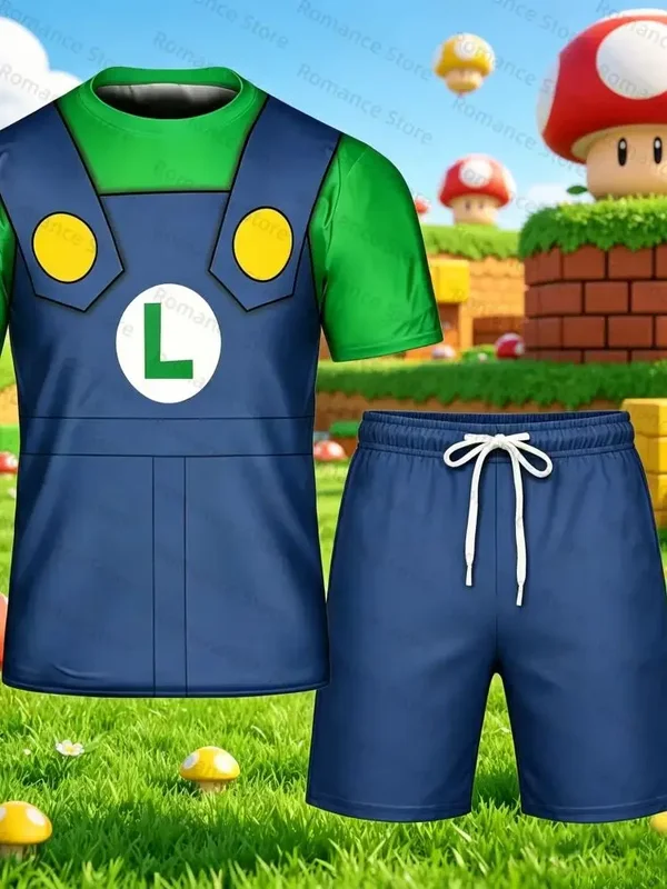 AliExpress - Costume Luigi Super Mario Bros, ensemble T-shirt + short, tenue de sport décontractée pour hommes, ensemble t-shirt pour femmes, 