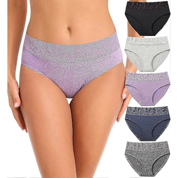 Damtrosor Bomull Spets Trosor Mjuka Bikini Trosor Bekväma Hipster Stretch Heltäckande Damunderbyxor 5-pack S-xl