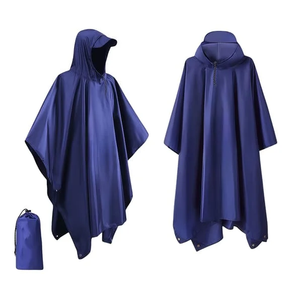 Waterproof Rain Poncho Lightweight Reusable Hooded Hiking One Size Navy