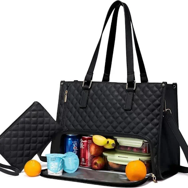 2-i-1 Handbag and Lunch Bag - 15.6 inch, Insulated Lunch Tote, Cooler Bag, Leakproof Cooler, Laptop Bag for Work Black [JUN]