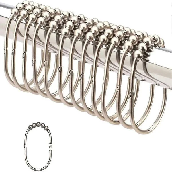 Wide Shower Curtain Rings/Hooks Set, Decorative Brushed Satin Nickel Finish, Easy Glide Rollers, 100% Stainless Steel, Set of 12 Rings