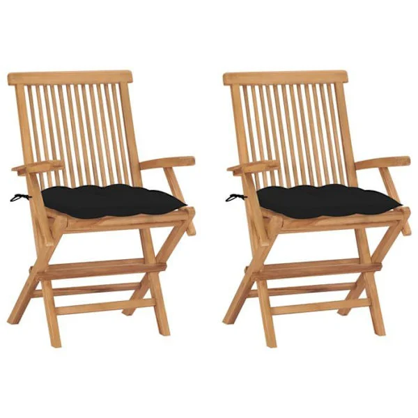 Havestole - Eksklusivt Hus - Massiv Teak - Sammenklappelige - Sorte puder (sæt af 2)