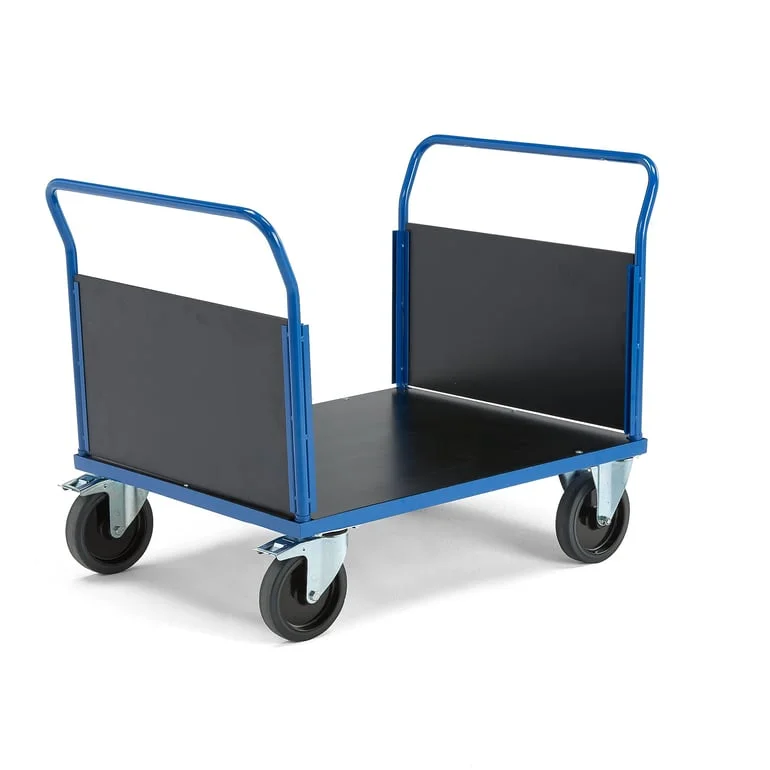 Platform trolley TRANSFER, 2 wooden ends, 1000x700 mm, elastic rubber, with brakes