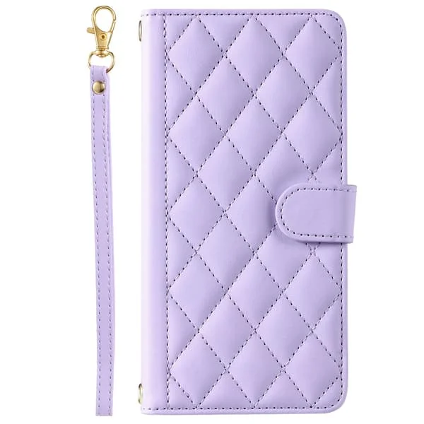 Fodral för iPhone 14/13 lila kort rep ins hundtandsmönster kortplats läder diamant