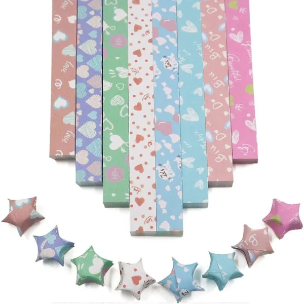 540 Ark Origami Stjärnpapper Remsor DIY Hantverk Färgglada Stjärnor 8 Olika Stilar Dekoration Vikbart Papper för Konst Hantverk Förnödenheter (Hjärta 
