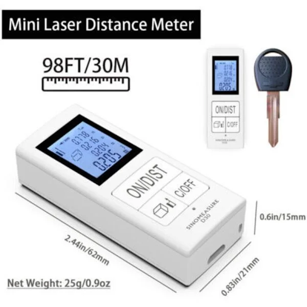 Bærbar laseravstandsmåler, mini digital oppladbar, 25M, hjemmebruk