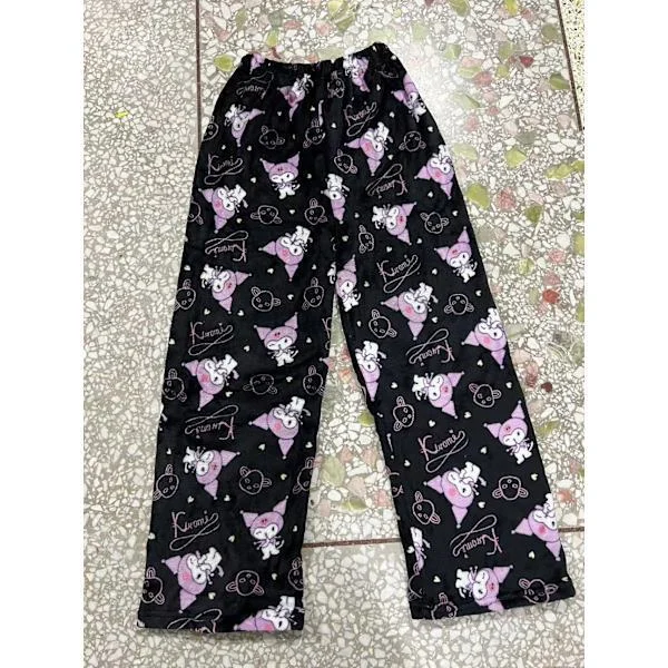Julpyjamasbyxor för kvinnor med tecknat motiv, avslappnade sammetsbyxor för hemmabruk med kattmönster Svart Kuromi M Svart Kuromi M Svart Kuromi M