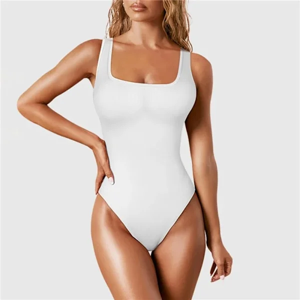 Shapewear for kvinner, magekontroll, stringbody, sømløs ribbestrikket jumpsuit med firkantet hals, T-rygg, ensfarget sexy jumpsuit, hvit hvit