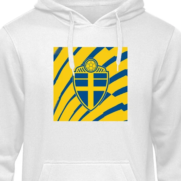 Barn-Hoodie | Mjuk Huvtröja för Barn Vit 9-11 År Gul och blå sköld med fotboll och VM 2026-tema som hyllar Sverige och den internationella fotbollsfes