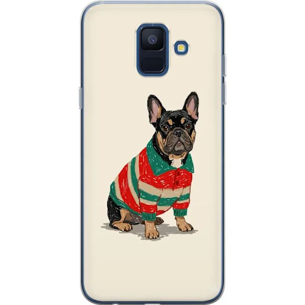Kompatibelt Mobildeksel til Samsung Galaxy A6 (2018) Søt bulldog i rød og grønn stripete genser med tegneseriestil og sjarmerende hundemotiv