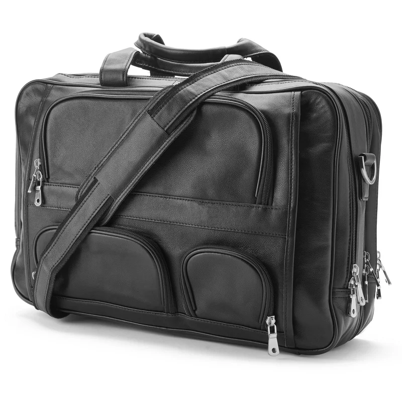 Black Leather Multifunction Laptop Messenger Bag for Men - Leather bags