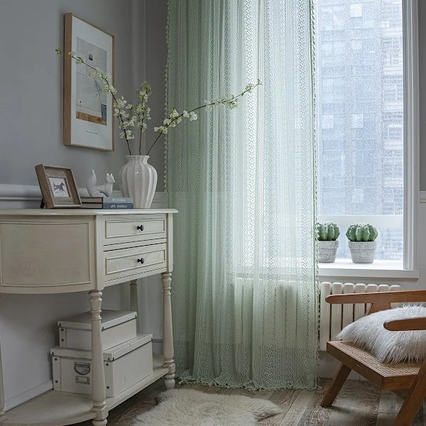 Bohemsk stil ugjennomsiktige gardiner i bomull og lin, 150 x 220 cm, med hule kroker, laget av polyester og lin